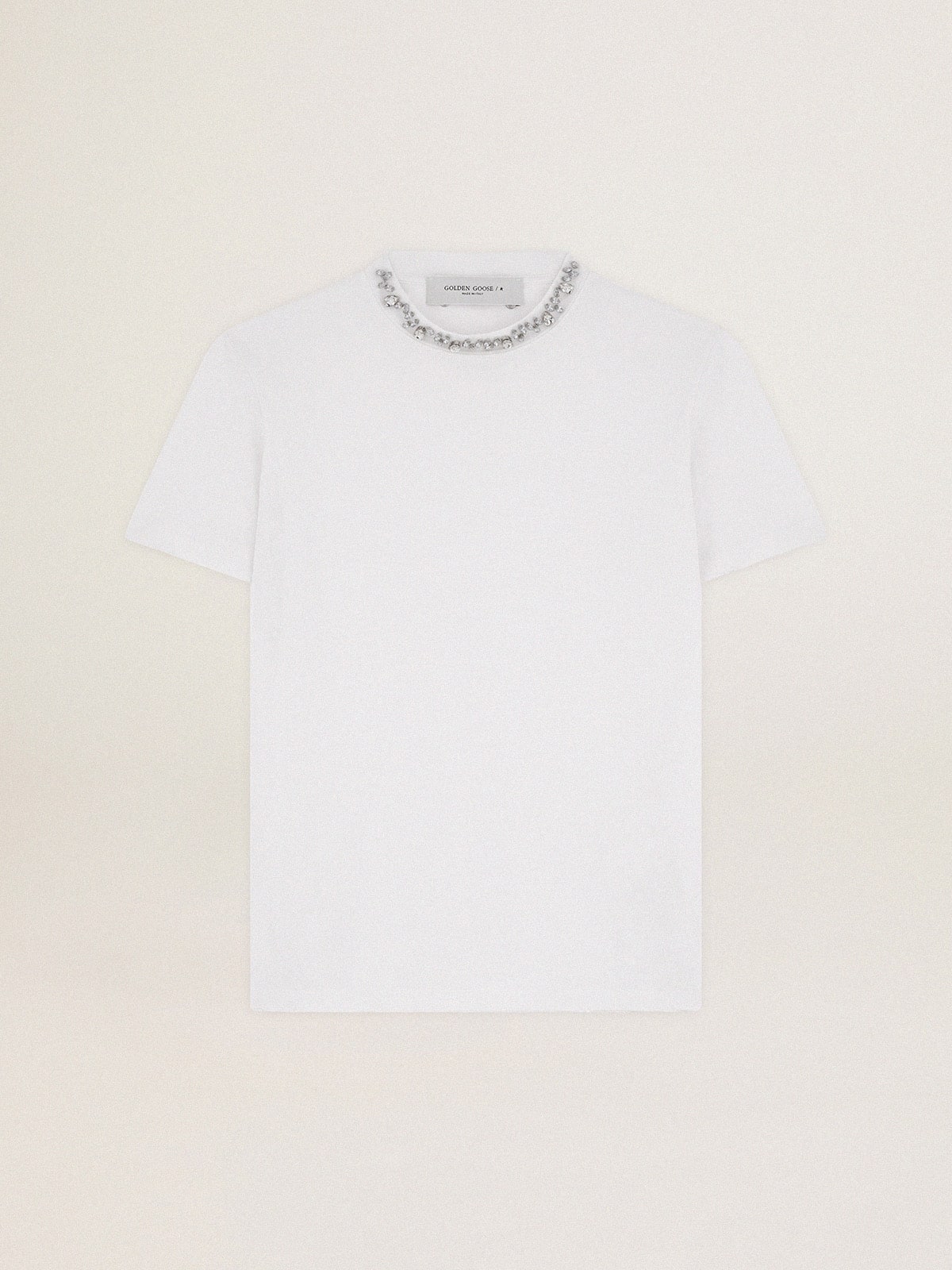 Women's white T-shirt with cabochon crystals| Golden Goose