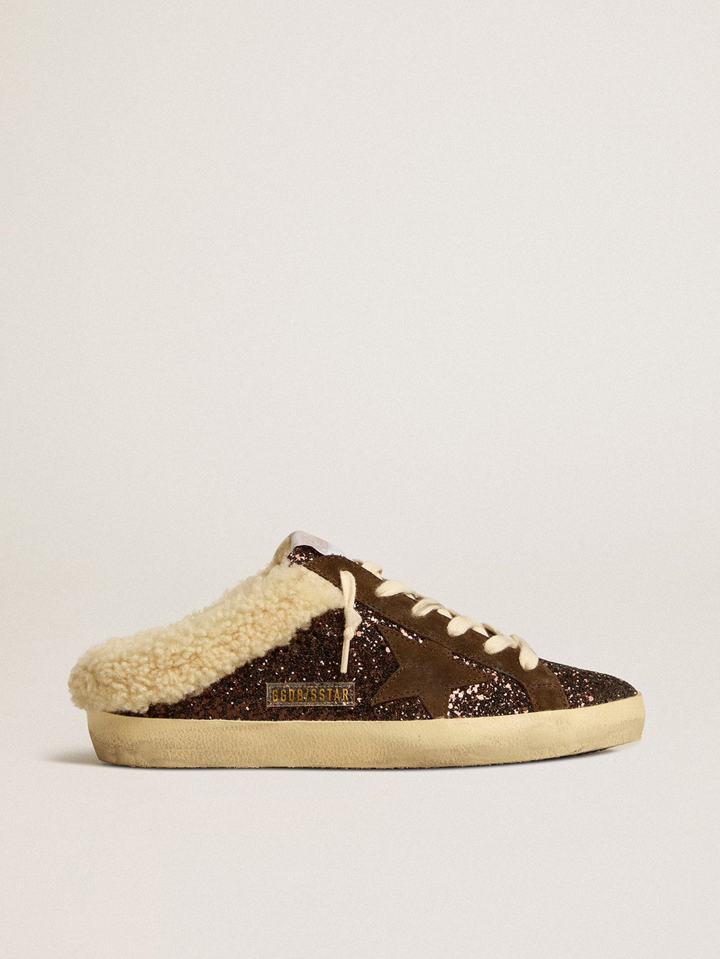 Super-Star Sabots in glitter with brown star and shearling lining| Golden Goose