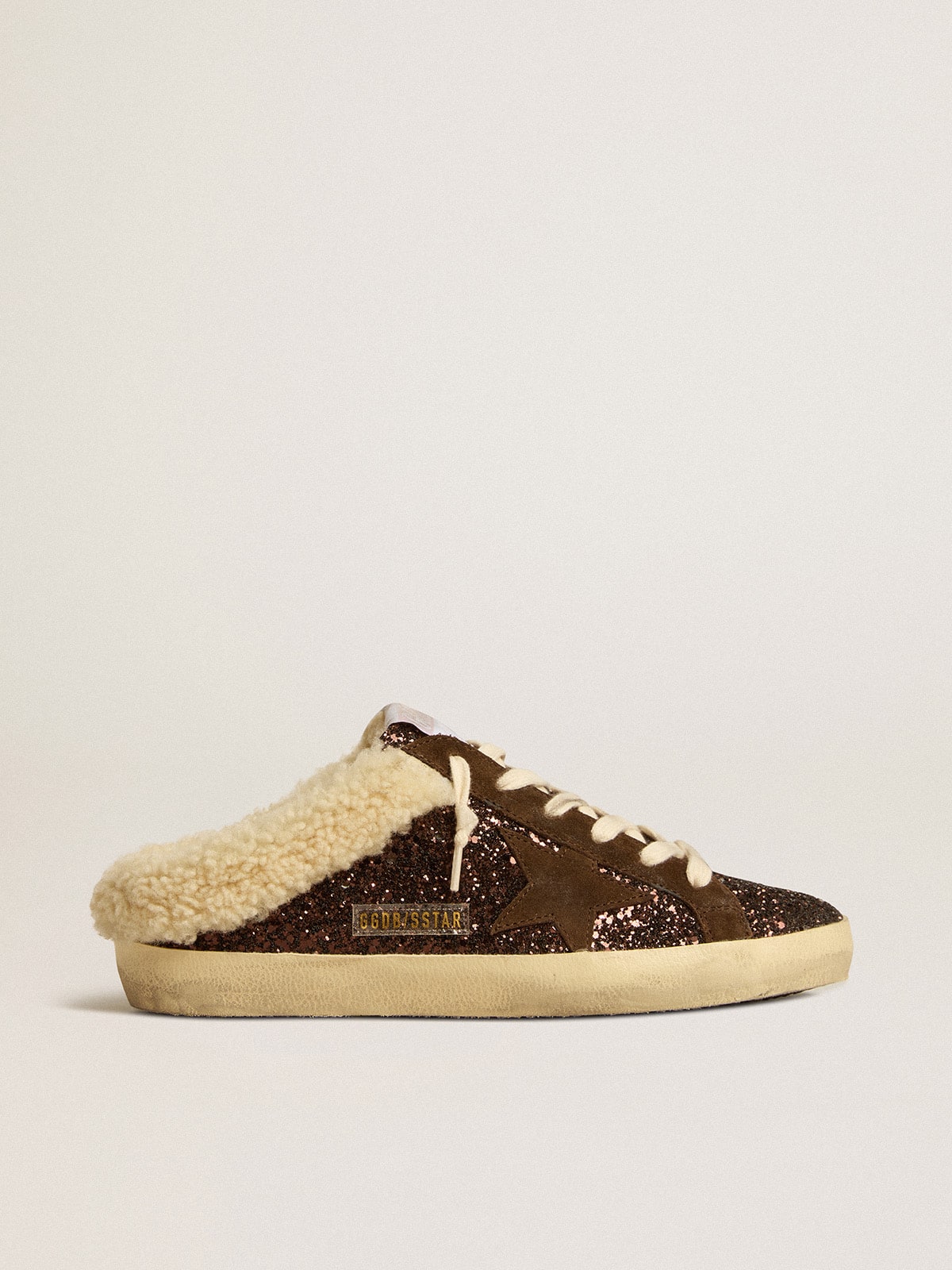 Super-Star Sabots in glitter with brown star and shearling lining| Golden Goose