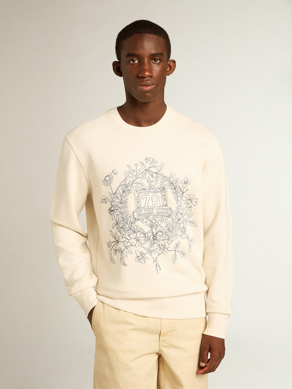 Men's aged white cotton sweatshirt with embroidery on the front