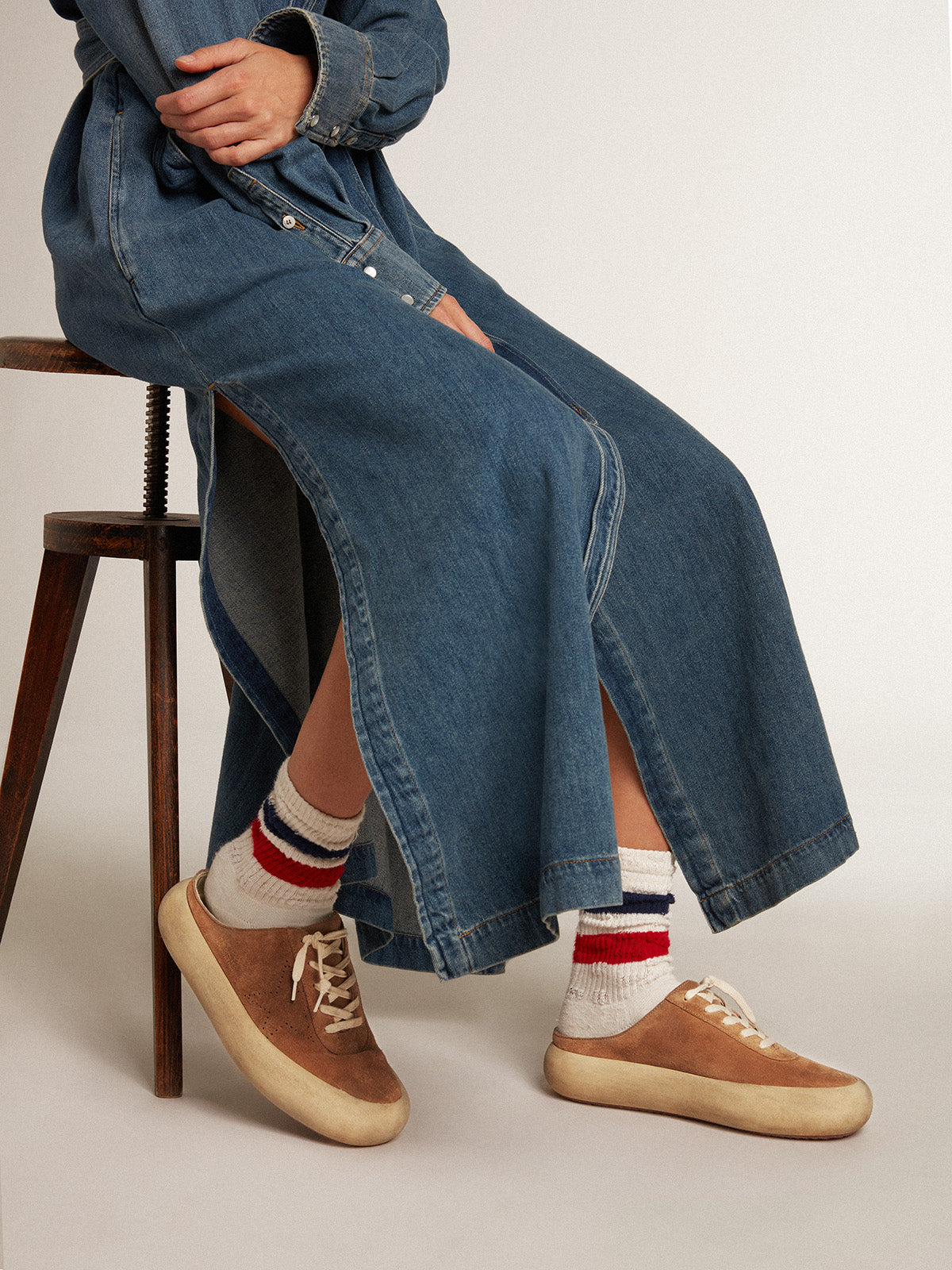Women's Space-Star Sabot in tobacco-colored suede with perforated star| Golden Goose