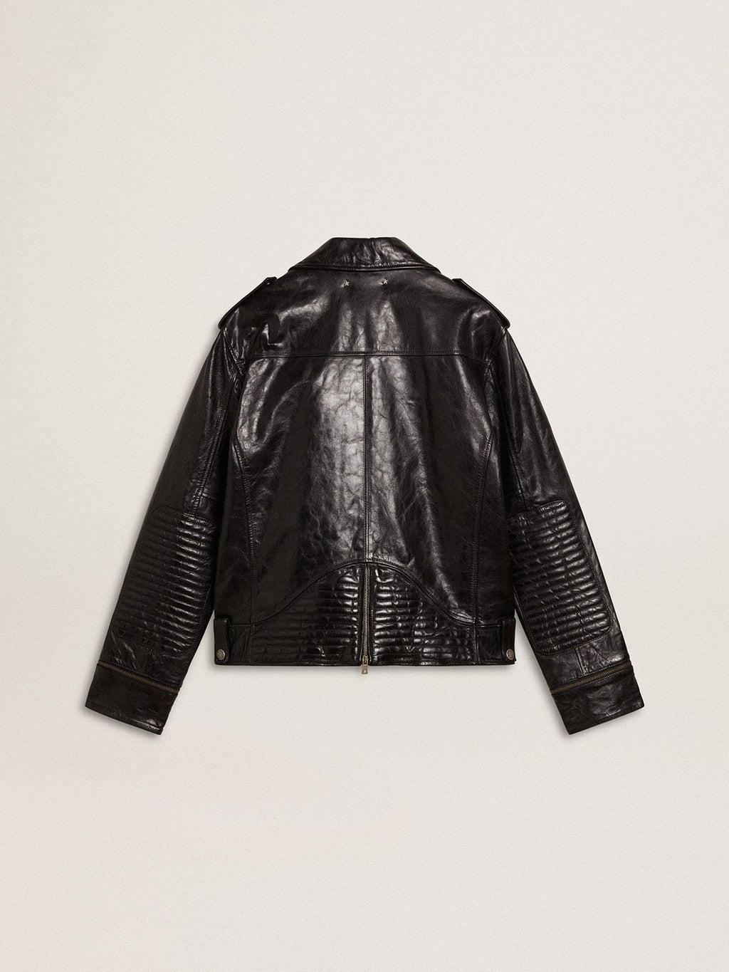 Men's black leather biker jacket with glossy effect| Golden Goose