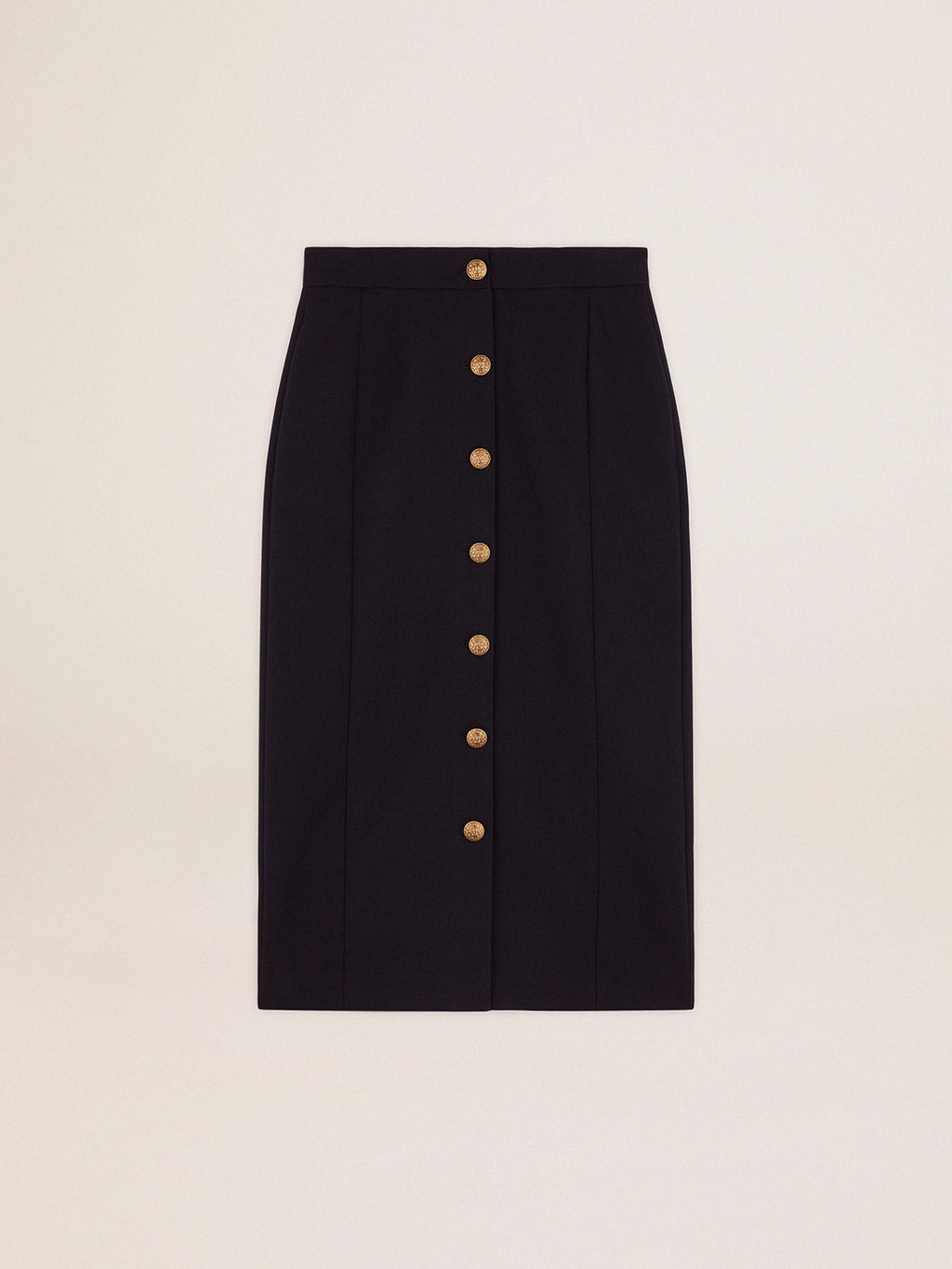 Women's pencil skirt in dark blue wool with gold heraldic buttons| Golden Goose