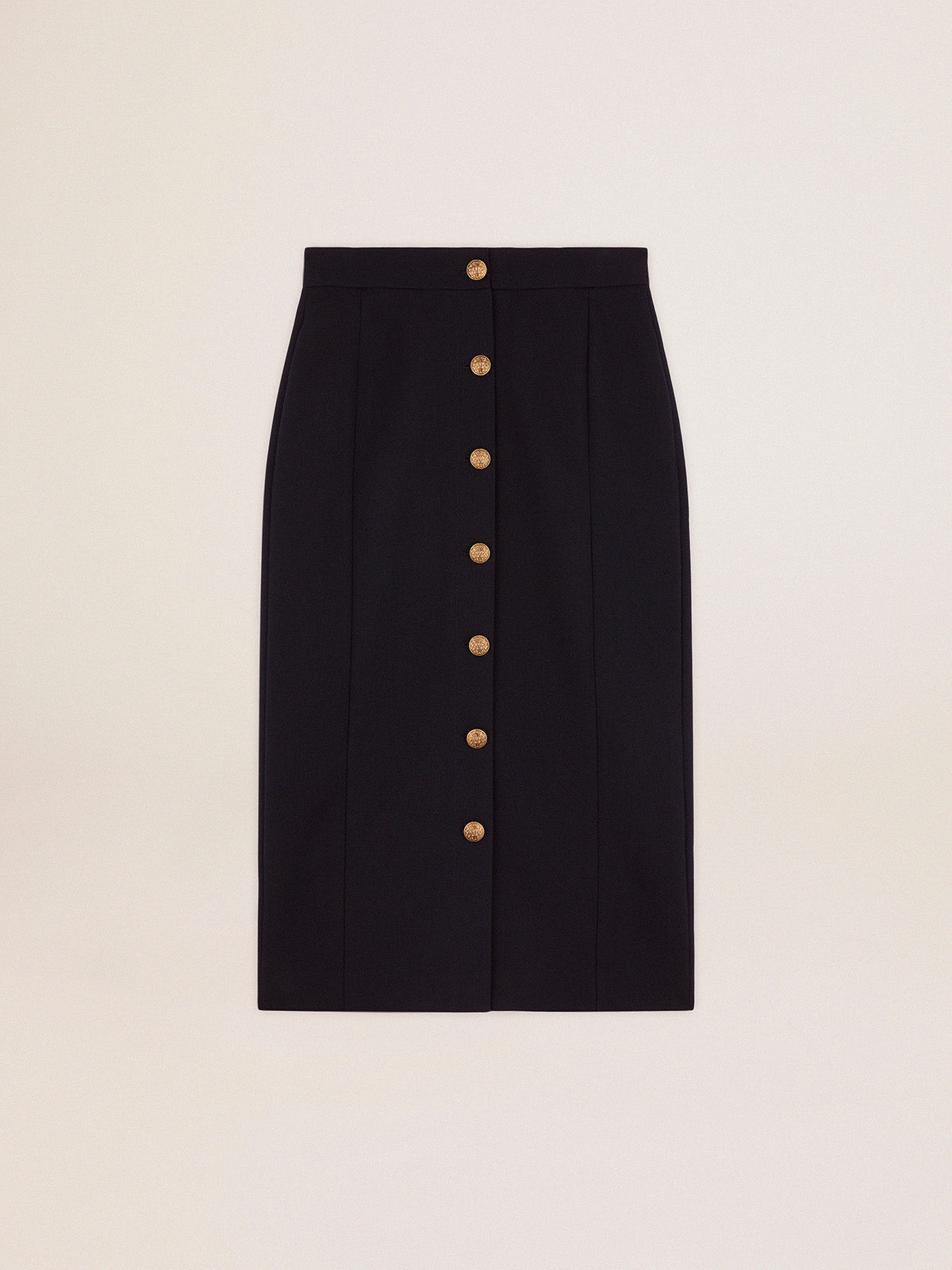 Women's pencil skirt in dark blue wool with gold heraldic buttons| Golden Goose