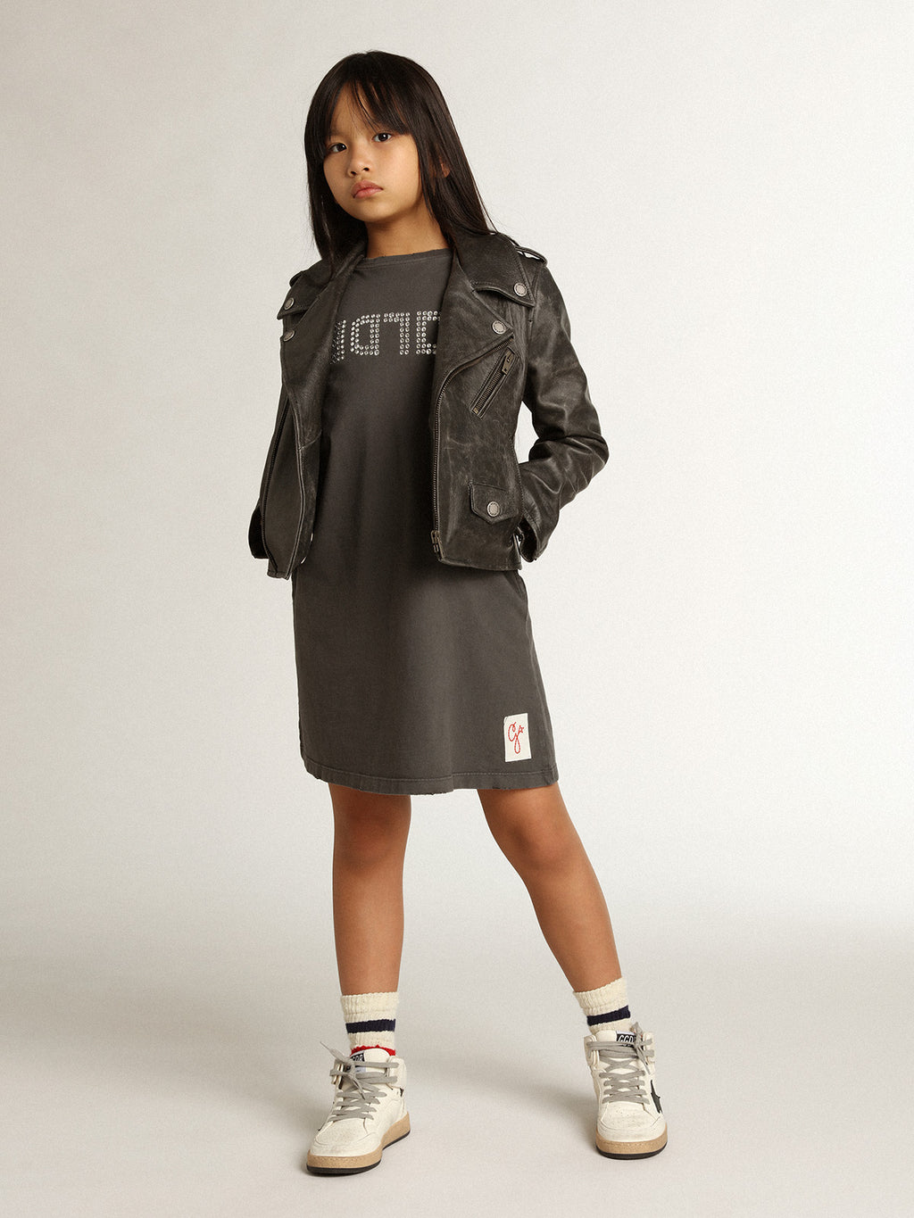 Gray mini dress with Golden lettering in crystals| Golden Goose