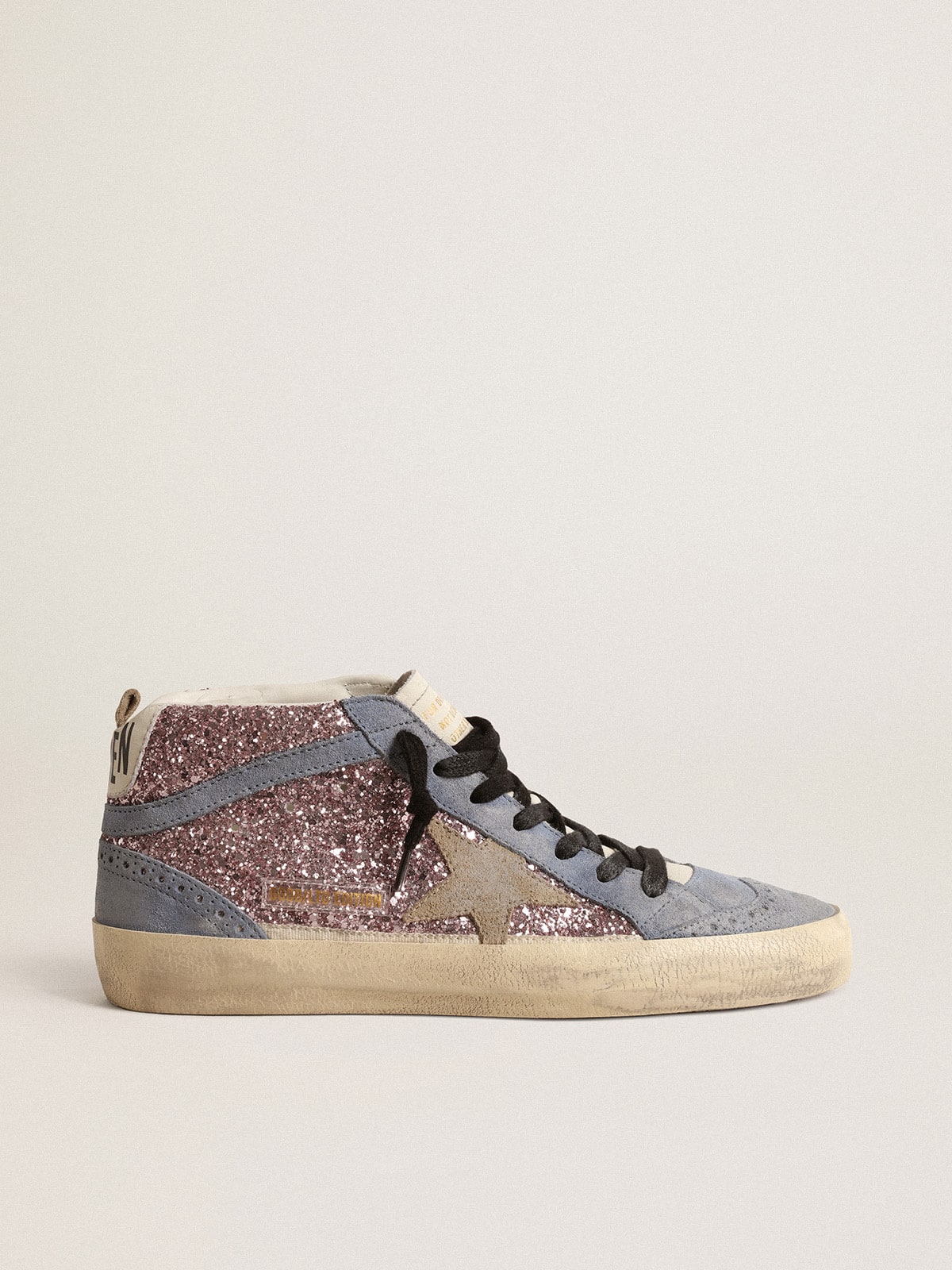 Mid Star LTD in lilac glitter with light blue suede inserts| Golden Goose