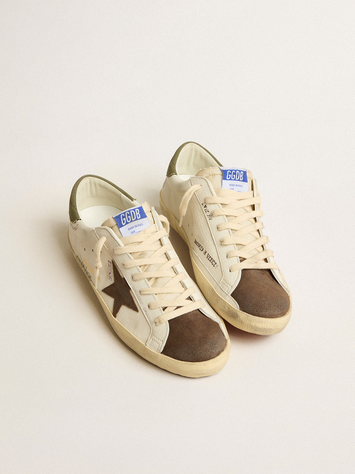 Super-Star LTD in nappa with brown suede star and green heel tab| Golden Goose