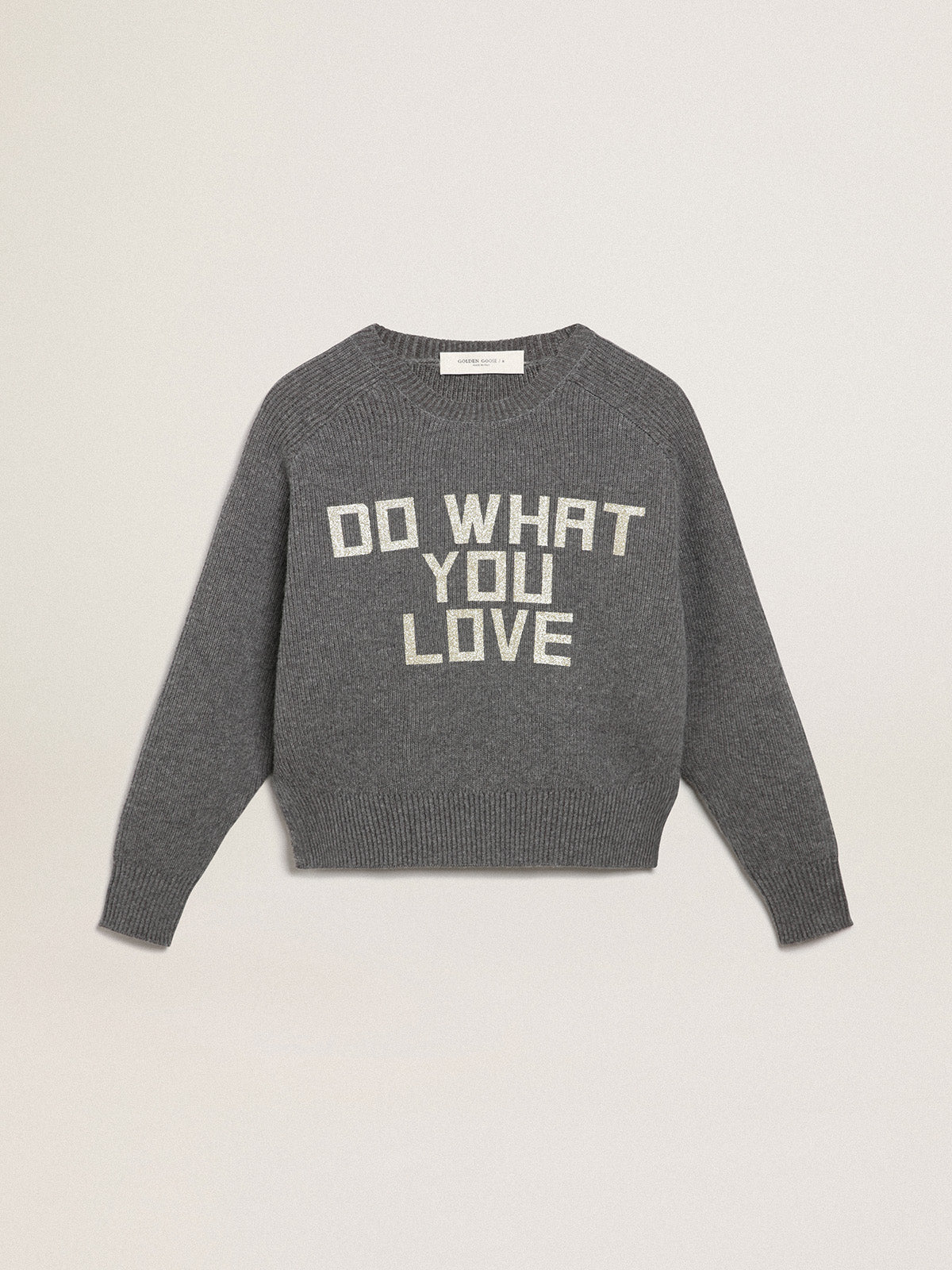Women's gray round-neck sweater with glitter lettering| Golden Goose