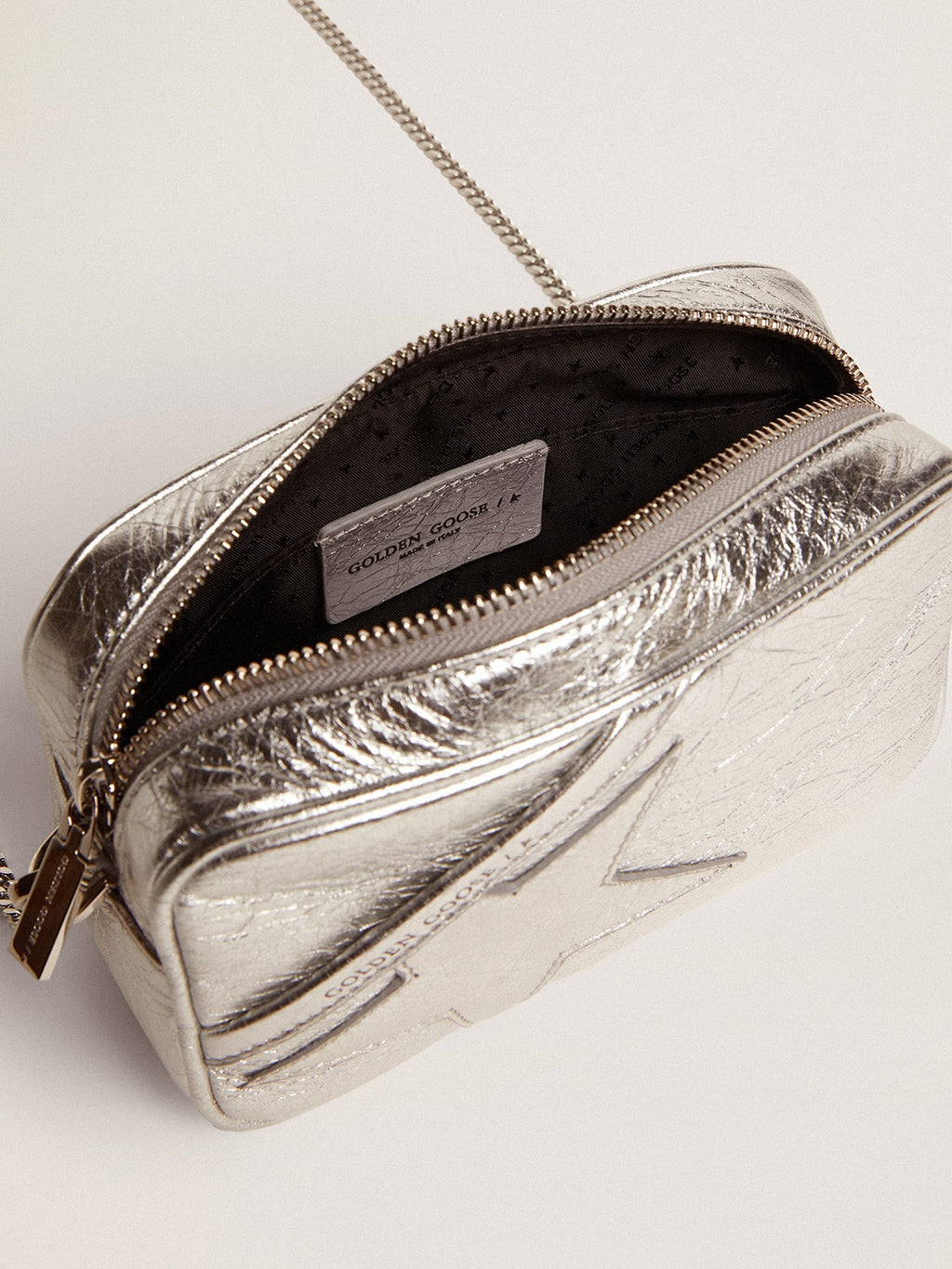 Women's Mini Star Bag in silver laminated leather with tone-on-tone star| Golden Goose