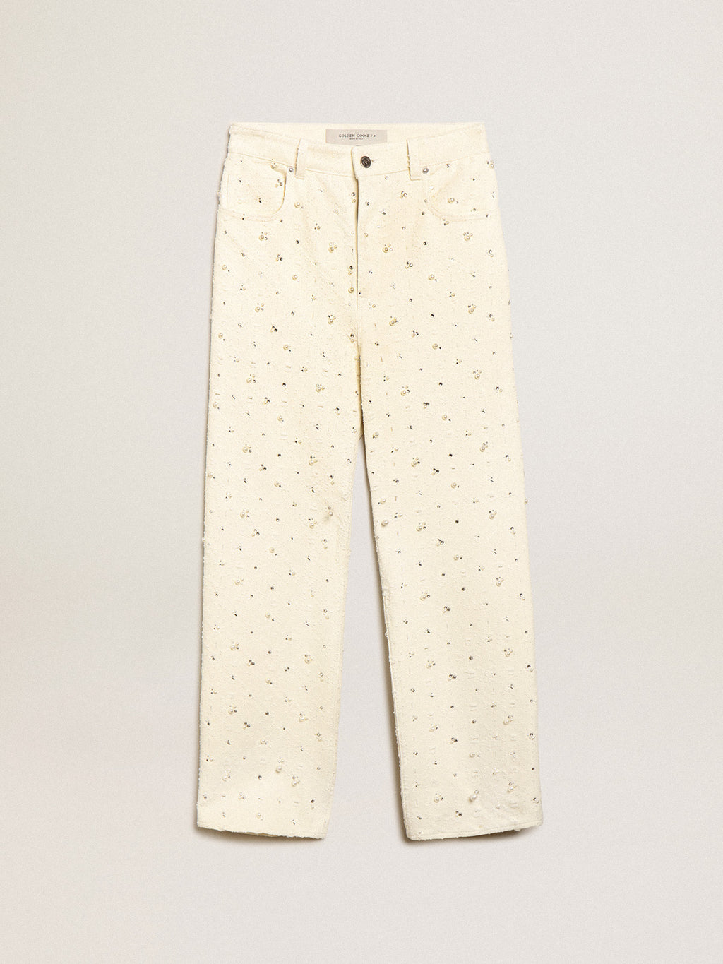 Journey Collection Kim jeans in off-white cotton with diamond patterns and the addition of beads and crystals| Golden Goose