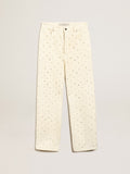 Journey Collection Kim jeans in off-white cotton with diamond patterns and the addition of beads and crystals| Golden Goose