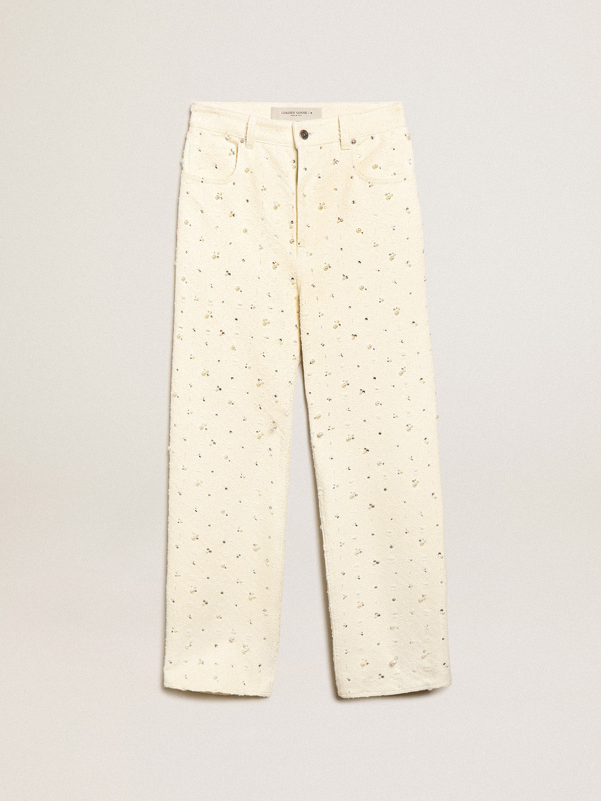 Journey Collection Kim jeans in off-white cotton with diamond patterns and the addition of beads and crystals| Golden Goose