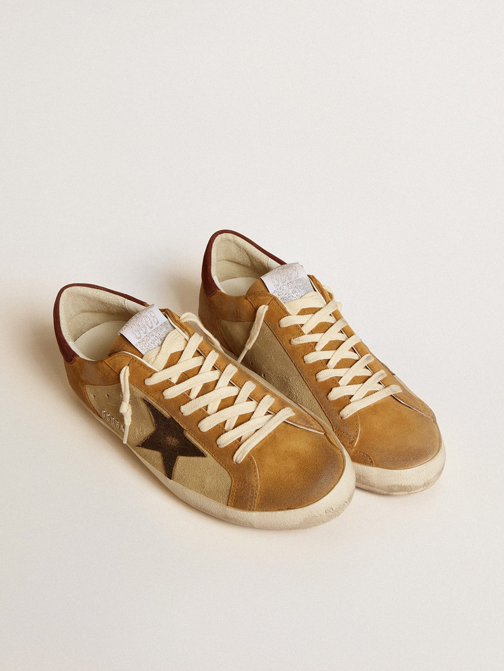 Men's Super-Star in beige and caramel suede with black crackle leather star| Golden Goose