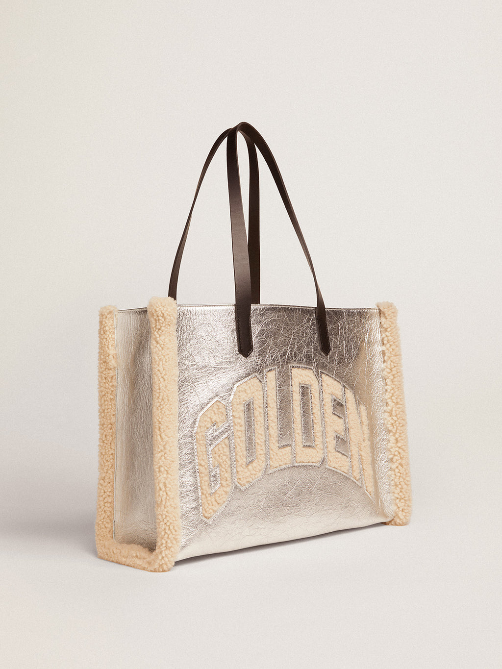 Women's California Bag East-West in silver leather and wool inserts| Golden Goose