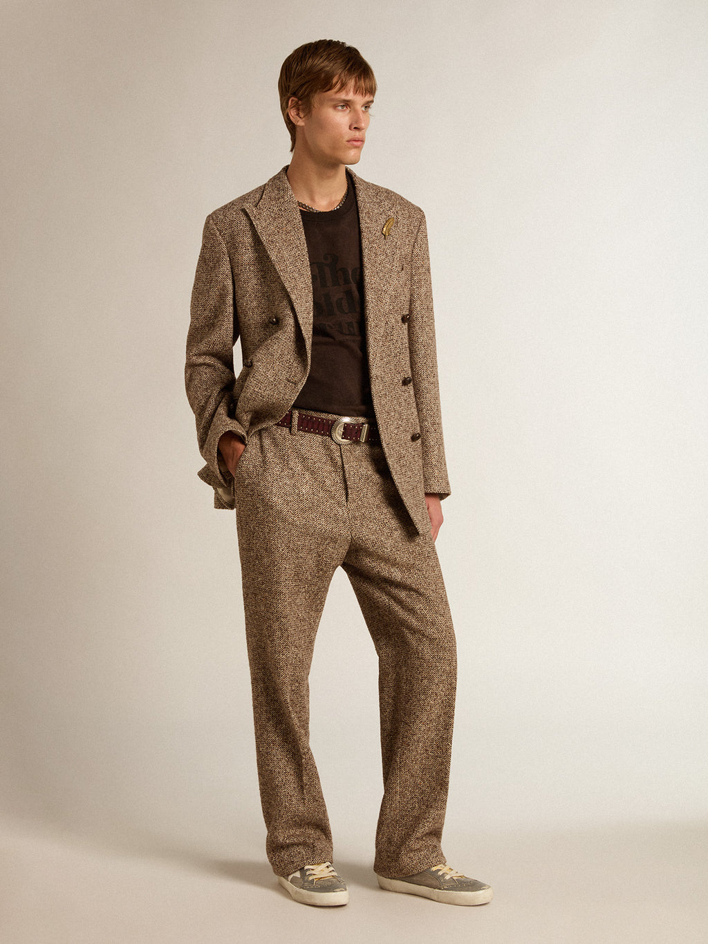 Men's pants in beige and brown wool and silk blend fabric| Golden Goose