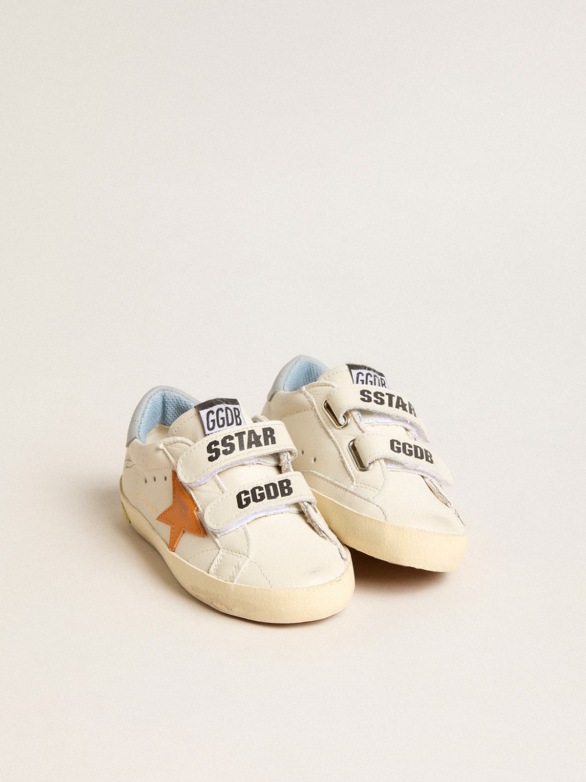 Junior Old School in leather with orange star and baby blue heel tab| Golden Goose