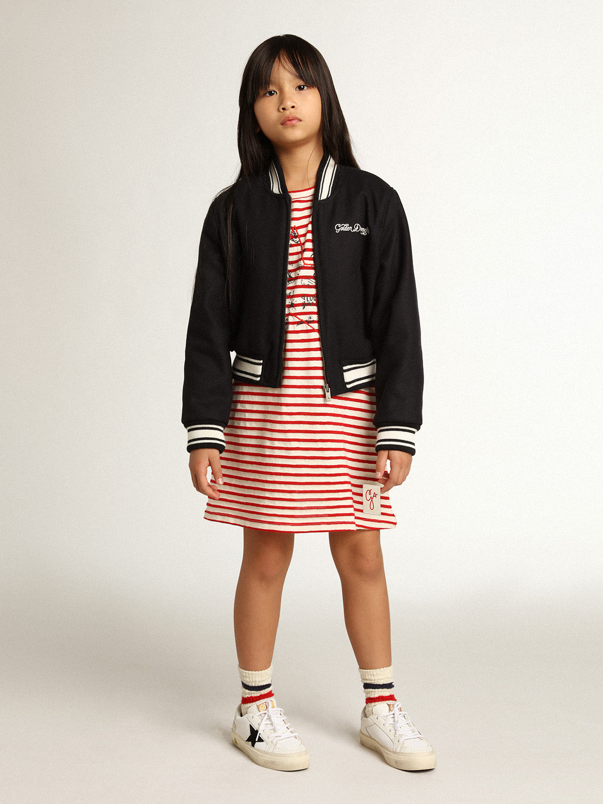 Mini dress with white and red stripes and embroidery on the front| Golden Goose