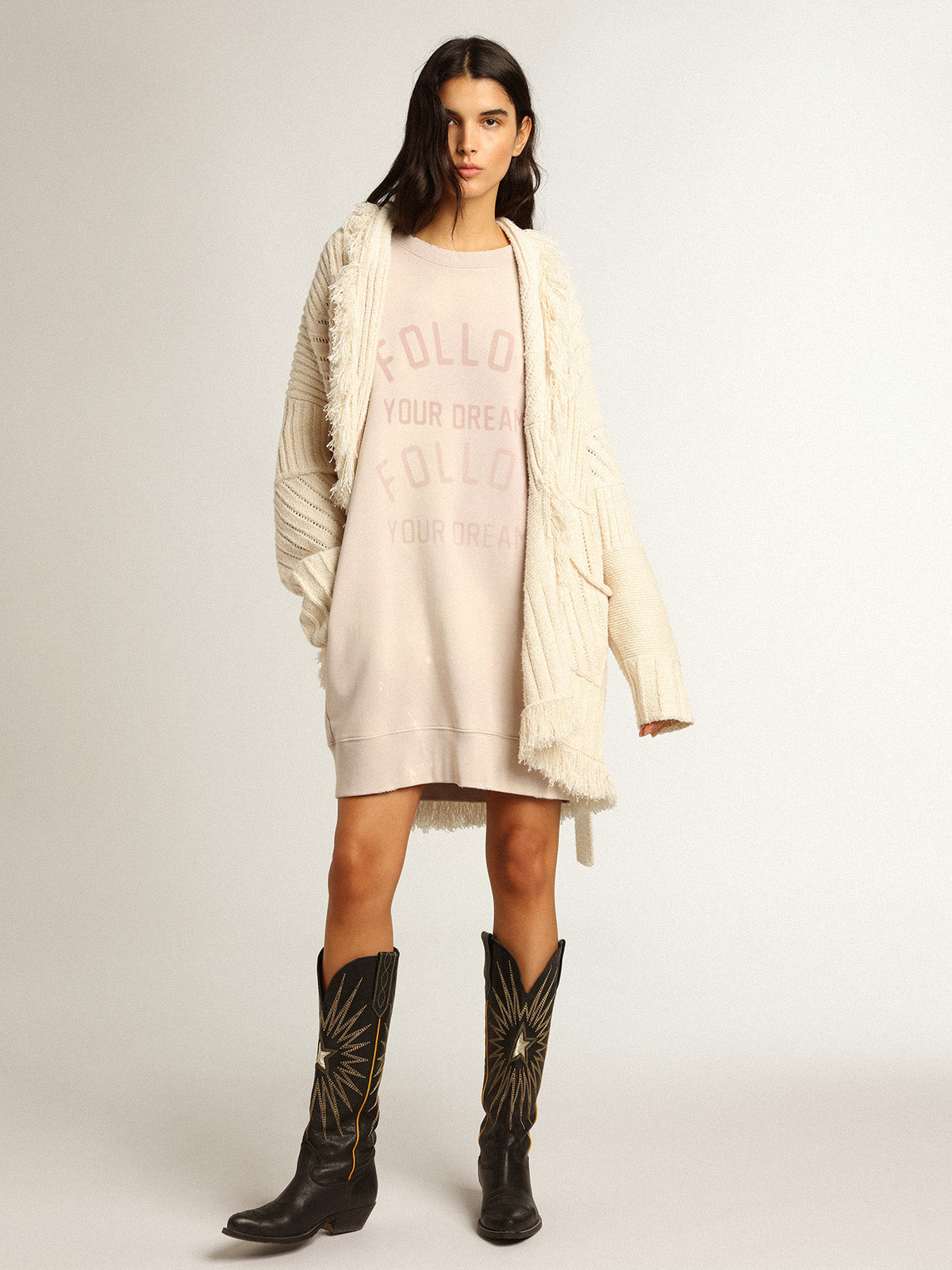 Distressed-finish pale pink sweatshirt dress| Golden Goose