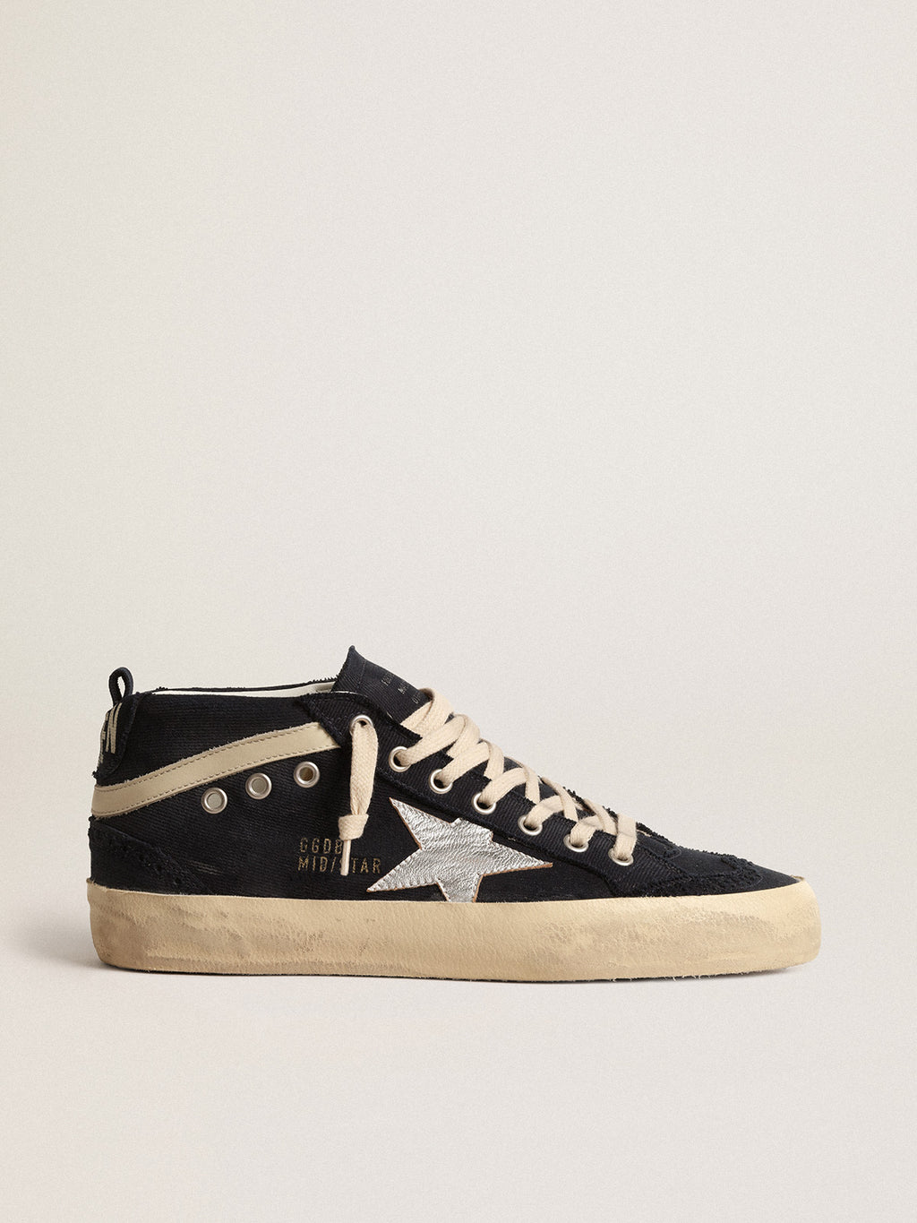Mid Star in blue cotton with silver star and leather flash| Golden Goose