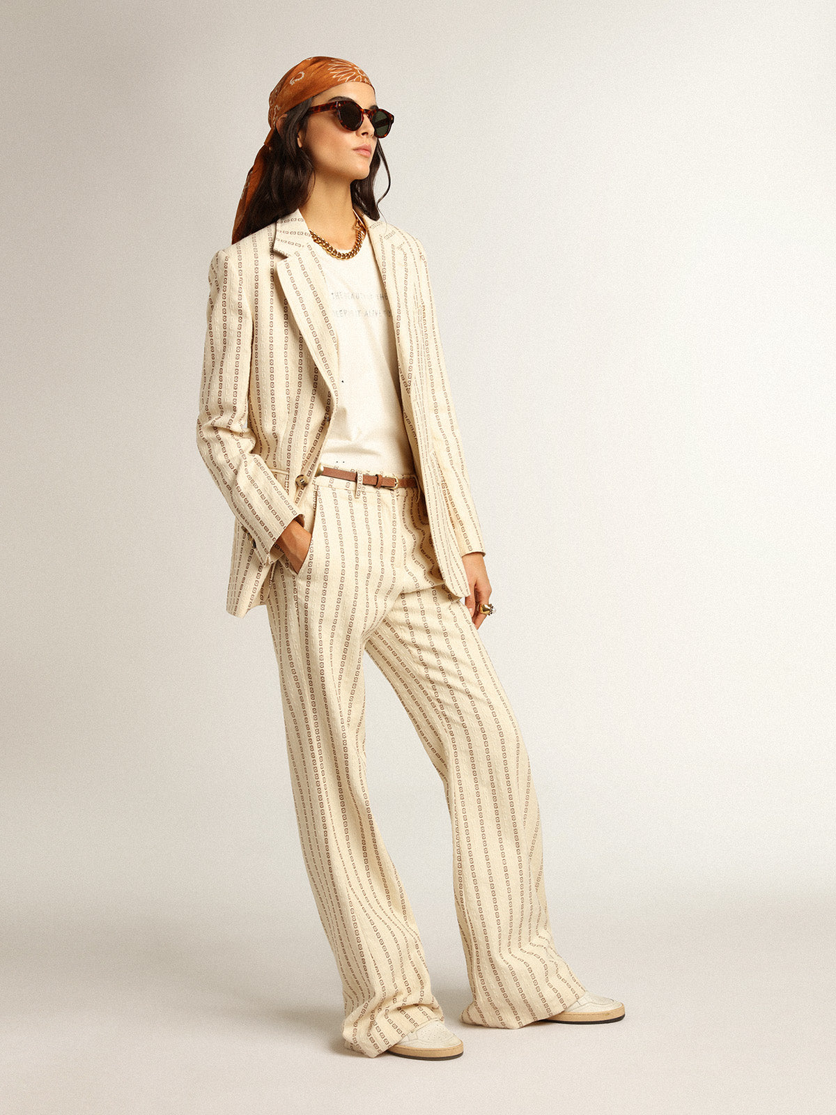 Cream-colored cotton pants with jacquard motif| Golden Goose