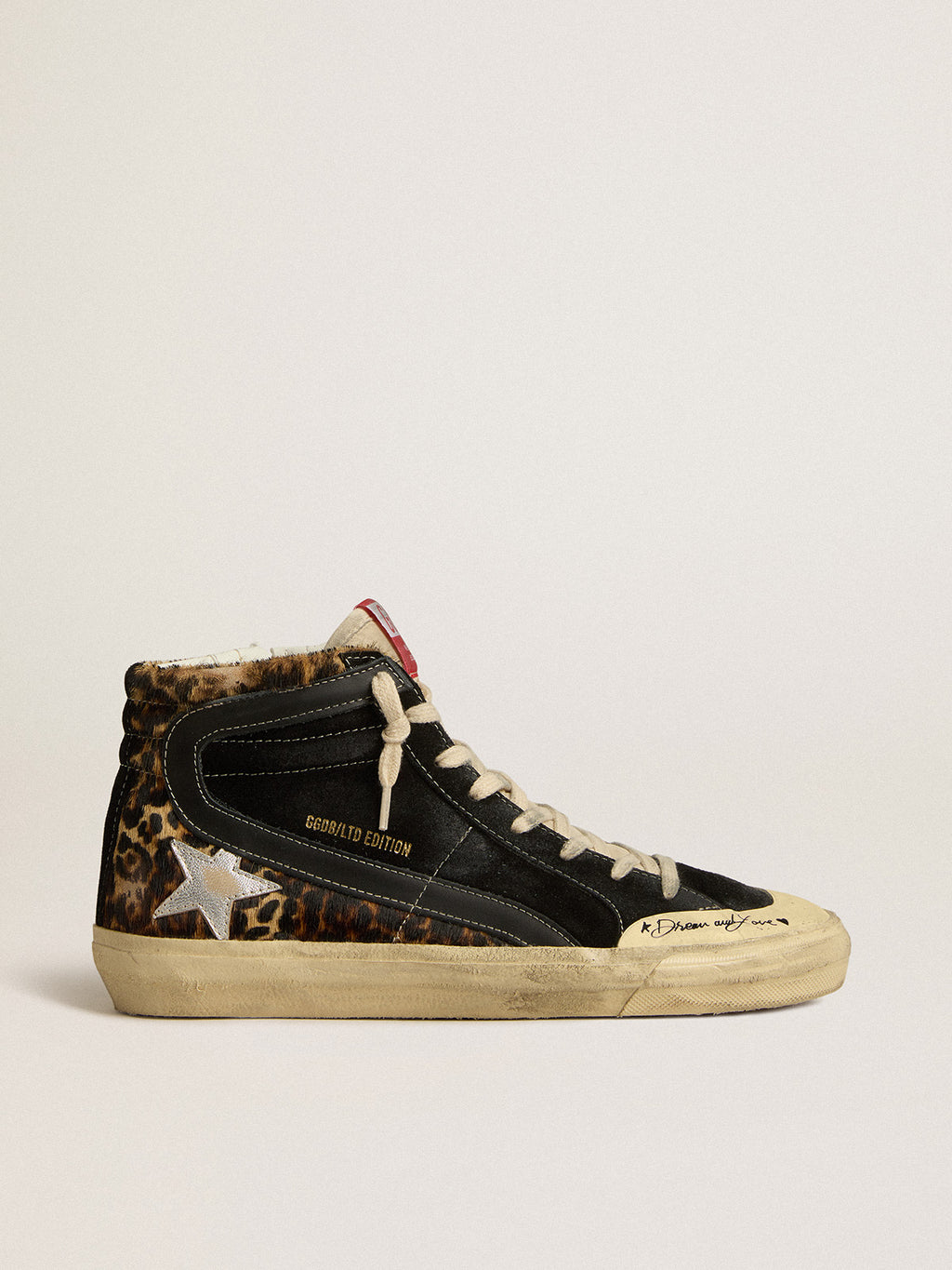 Slide Penstar LTD in leopard-print pony skin with silver star and black flash| Golden Goose