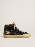 Slide Penstar LTD in leopard-print pony skin with silver star and black flash| Golden Goose