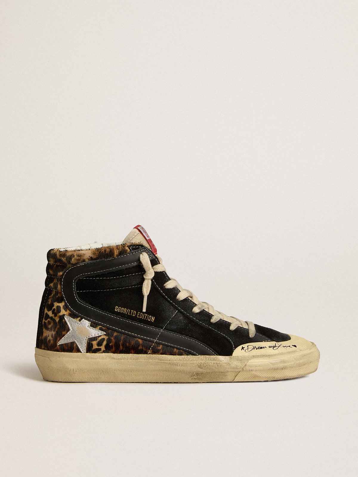 Slide Penstar LTD in leopard-print pony skin with silver star and black flash| Golden Goose