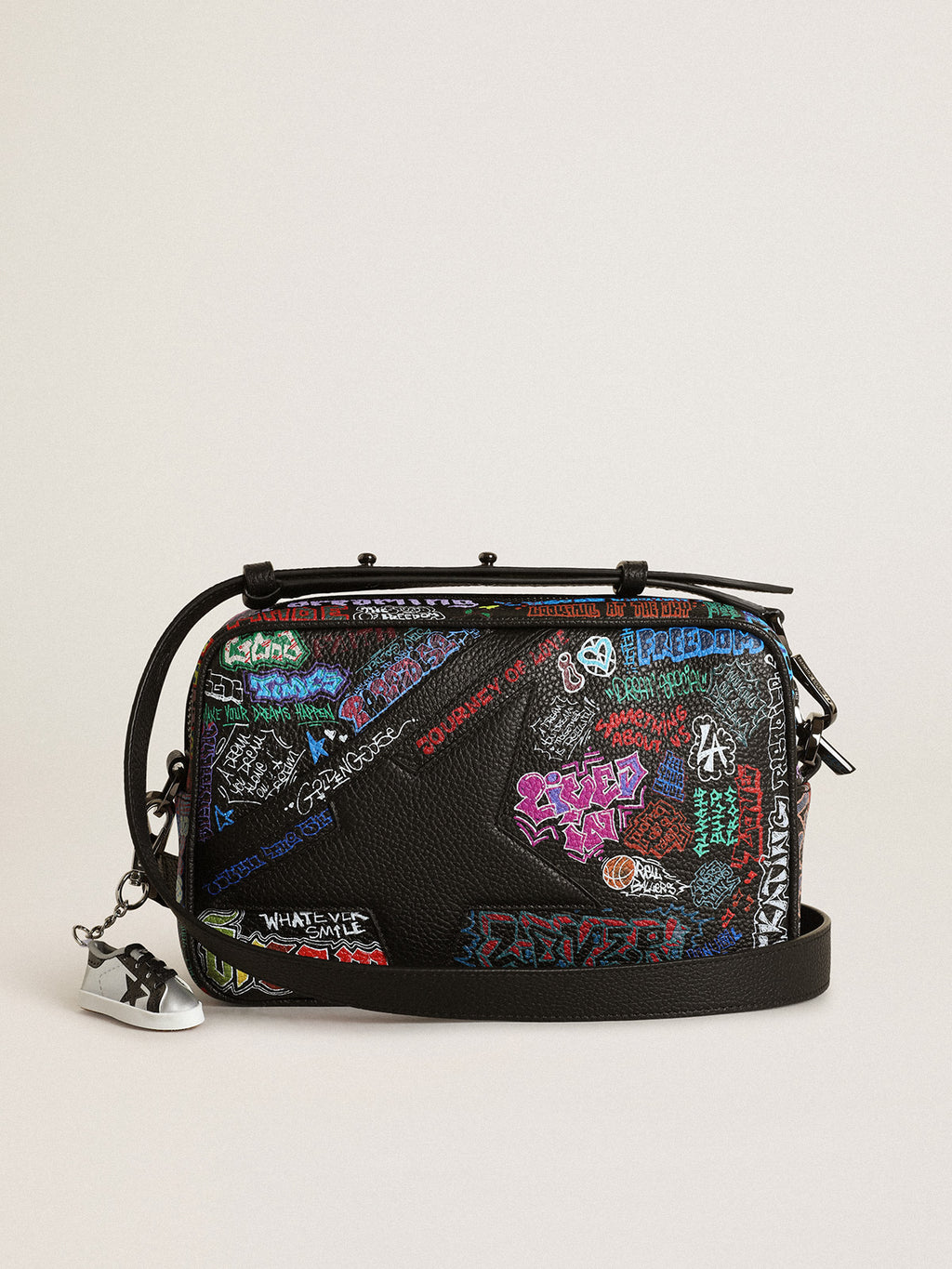 Women's Star Bag in black hammered leather with multicolor print| Golden Goose