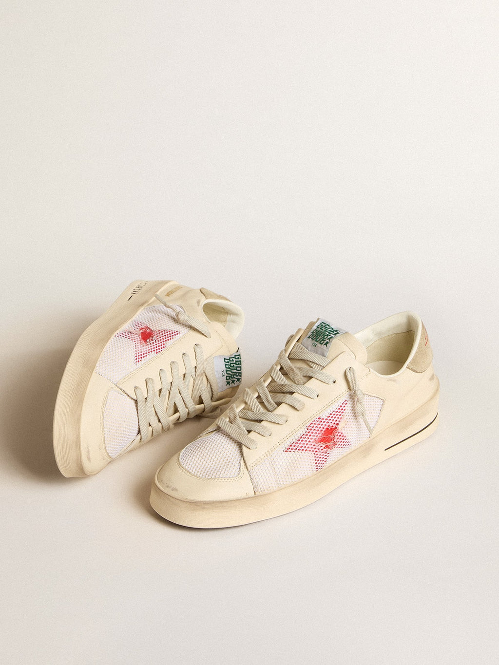 Men's Stardan in white leather and mesh with red star and sand-colored heel tab| Golden Goose