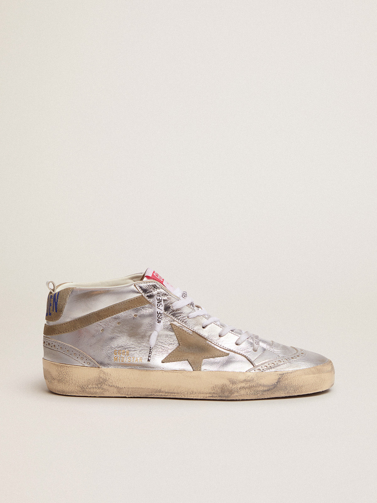 Women's Mid Star in silver laminated leather with dove gray star| Golden Goose