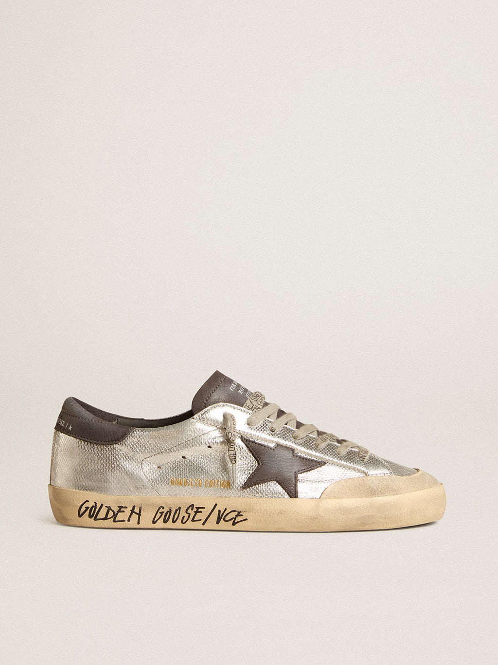 Men's silver Super-Star LTD with black nubuck star and heel tab| Golden Goose