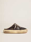 Men's Space-Star Sabot shoes in quilted black nylon with shearling lining| Golden Goose