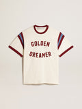 Men's white T-shirt with burgundy lettering on the front| Golden Goose