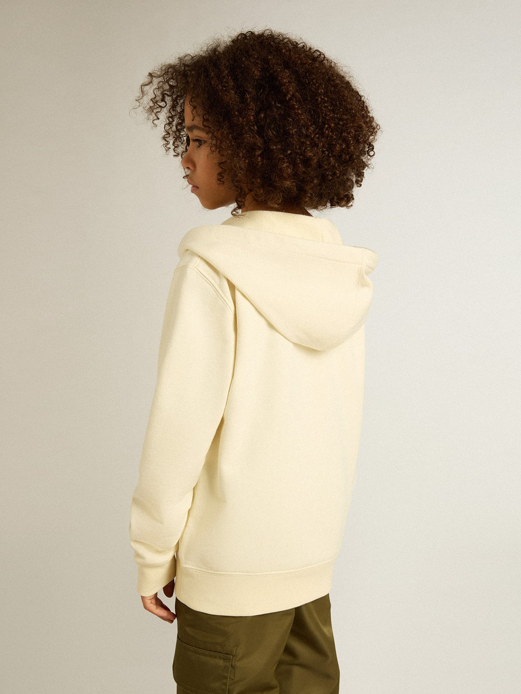 Hooded sweatshirt in worn white with Golden embroidery on the front| Golden Goose