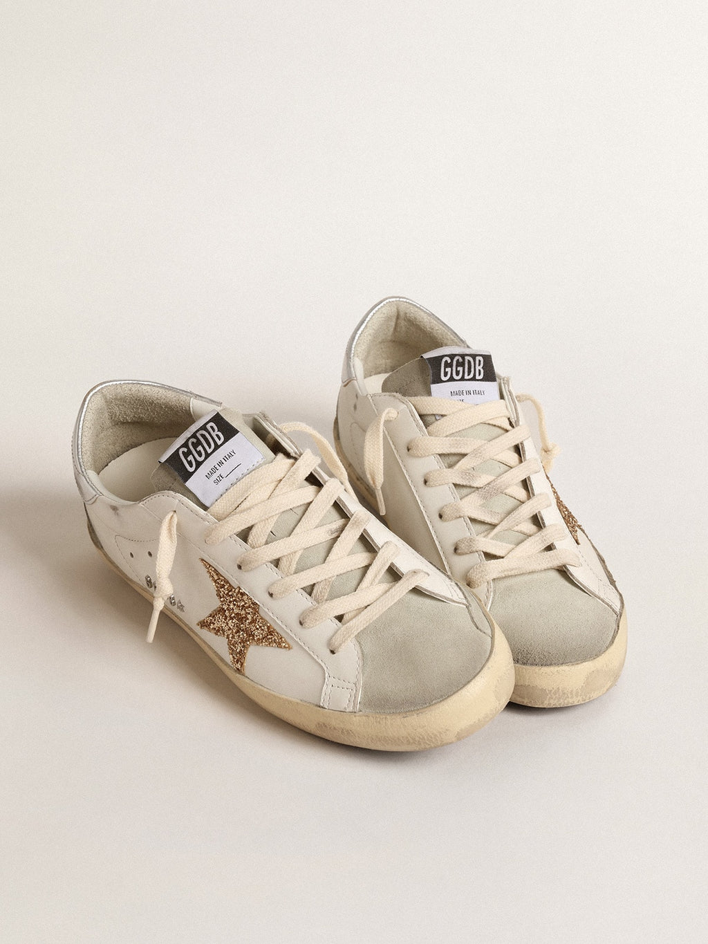 Women's Super-Star with gold glitter star and ice-gray suede inserts| Golden Goose