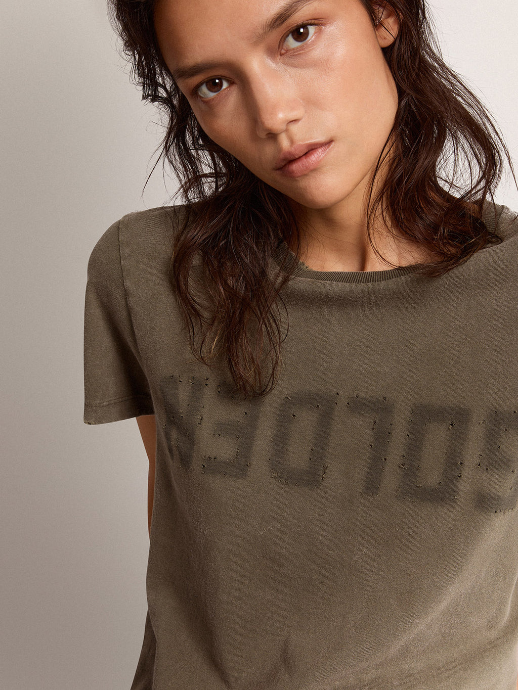 Olive-green regular-fit T-shirt with Golden lettering on the front| Golden Goose
