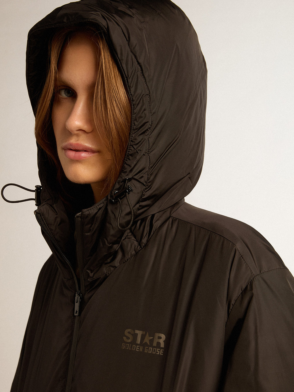 Women's black ankle-length padded jacket with hood| Golden Goose