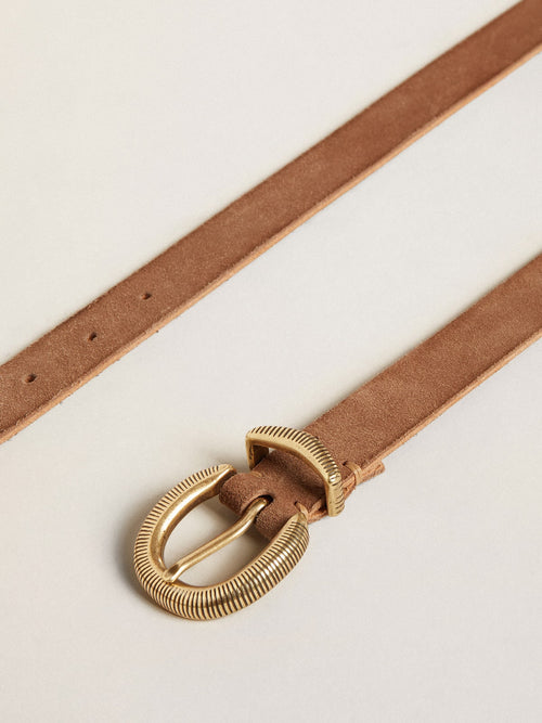 Ash-colored nubuck leather belt with gold buckle| Golden Goose