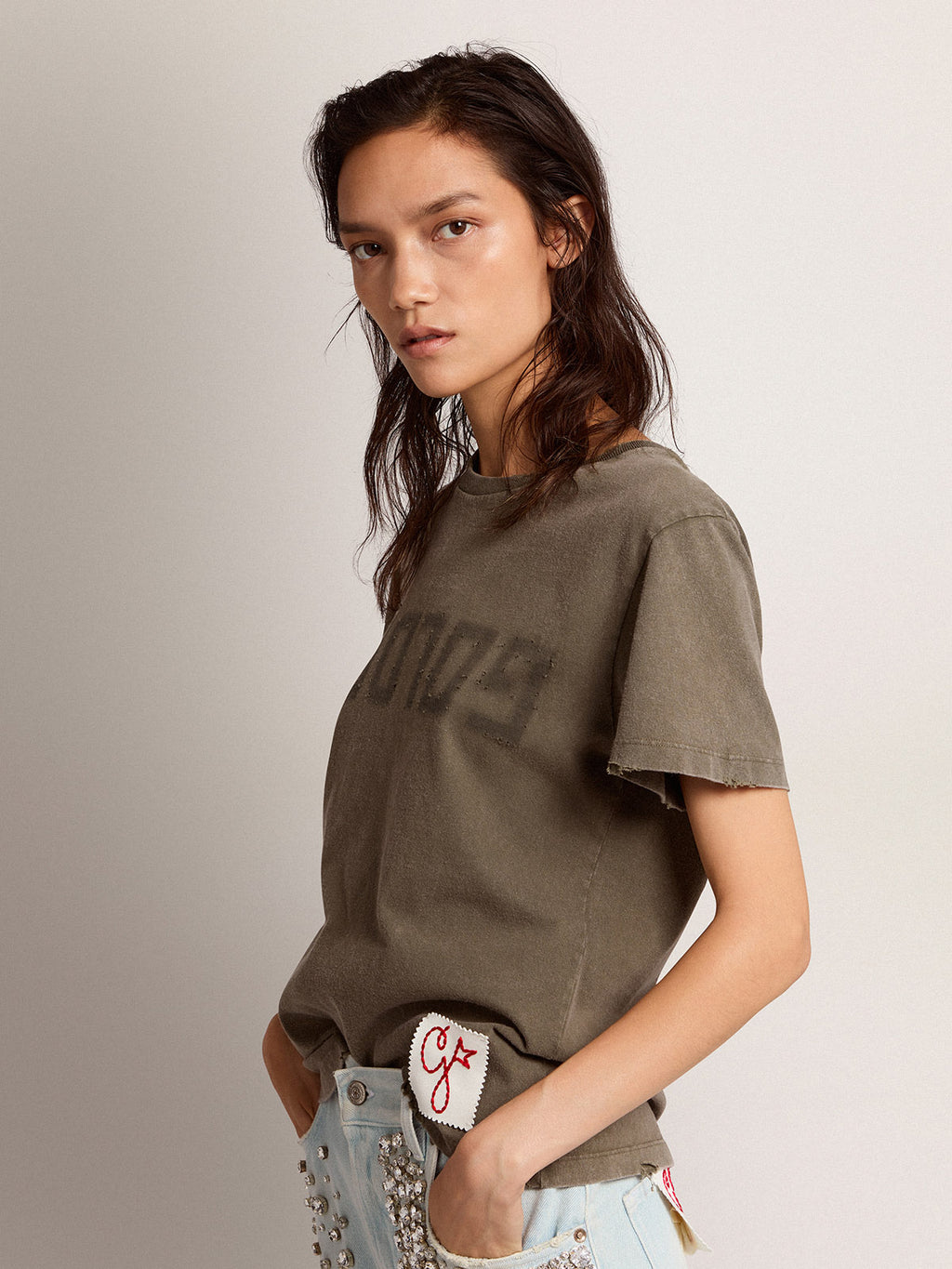 Olive-green regular-fit T-shirt with Golden lettering on the front| Golden Goose
