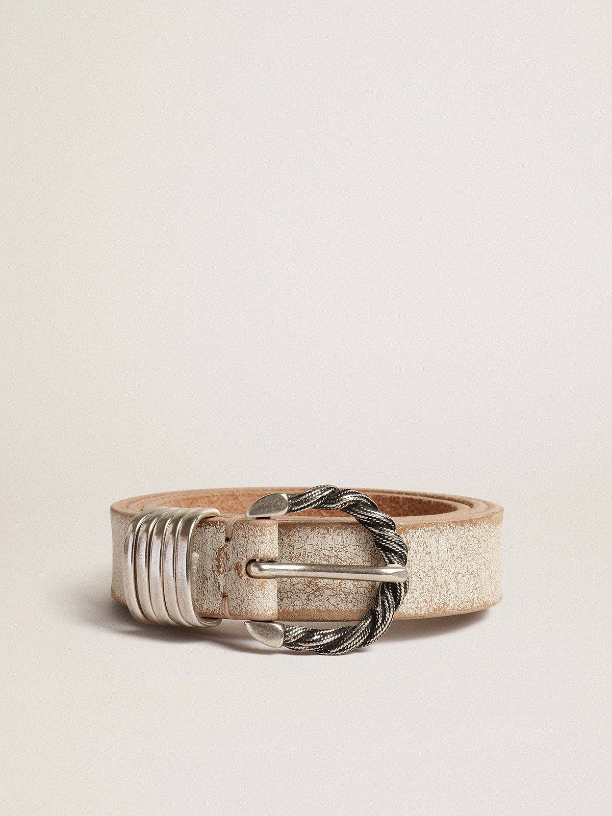 White and beige belt with silver colored braided buckle| Golden Goose
