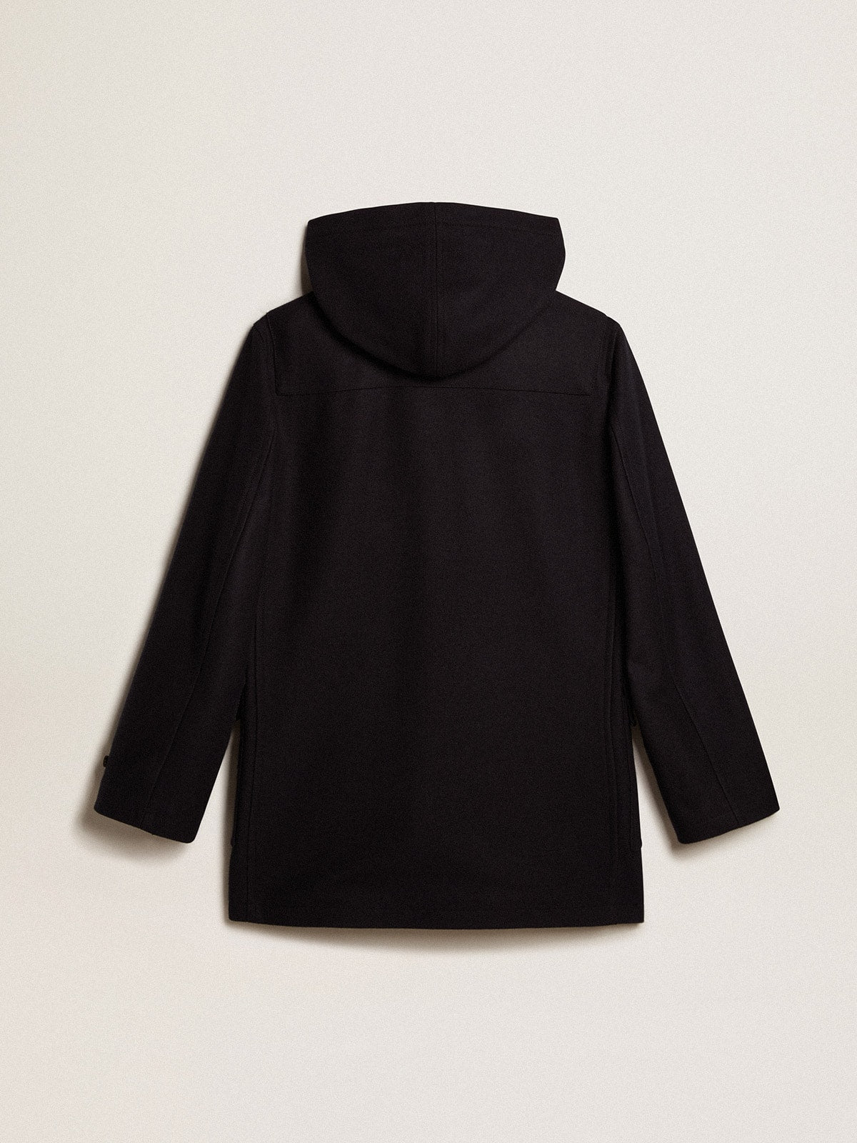 Dark blue wool duffle coat with hood and toggle fastening| Golden Goose