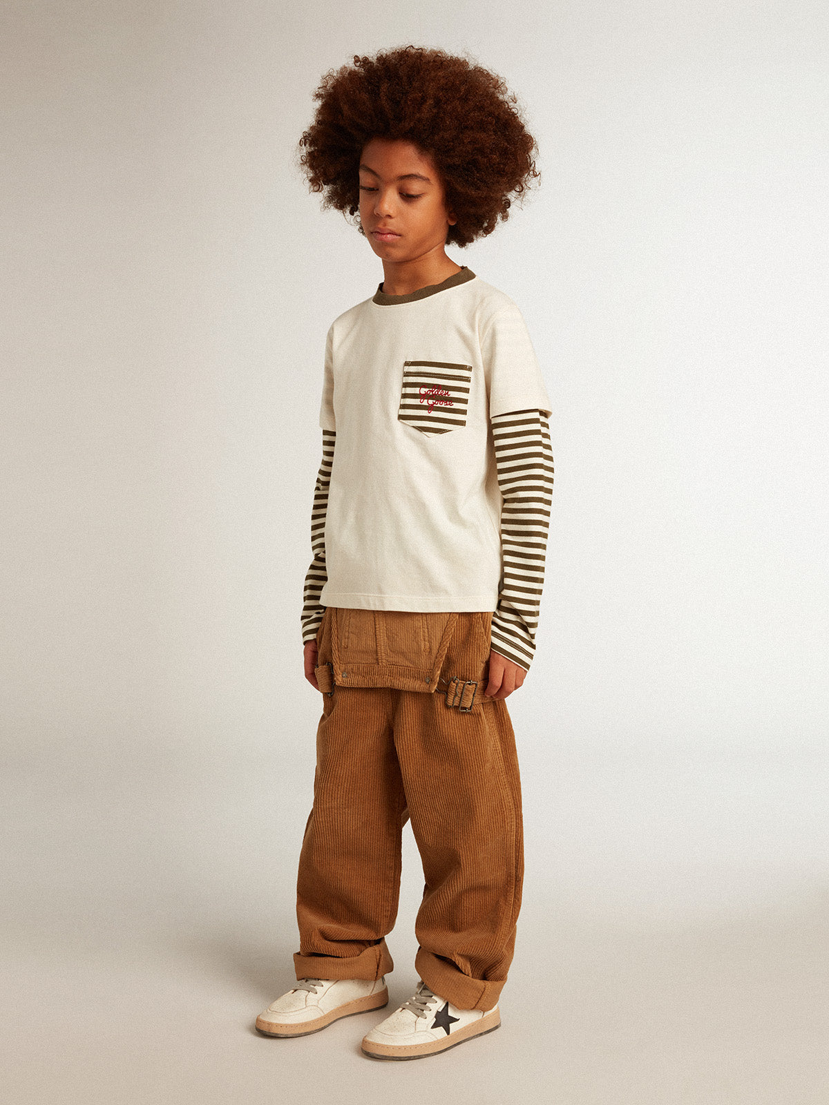 Boys' double-sleeve T-shirt in striped cotton| Golden Goose
