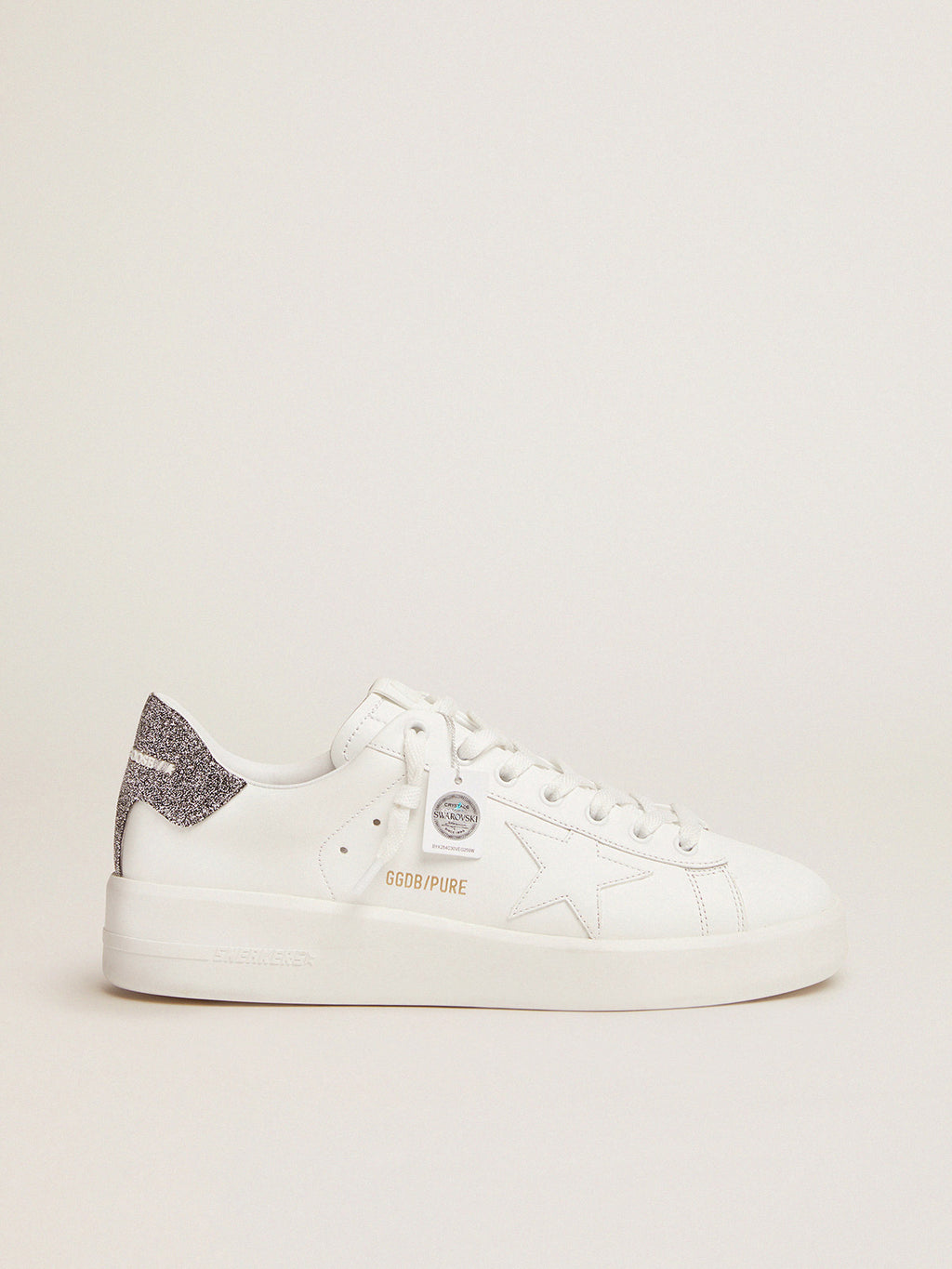 Purestar sneakers in white leather with silver Swarovski crystal heel tab| Golden Goose