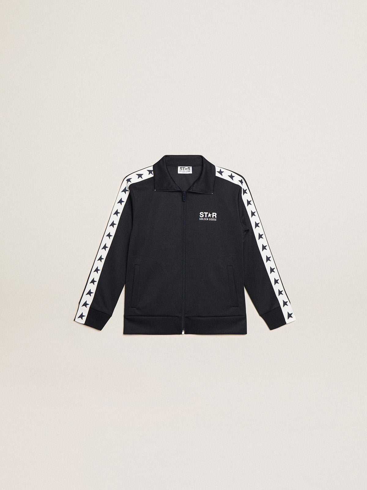 Dark blue zipped sweatshirt with white strip and contrasting stars| Golden Goose