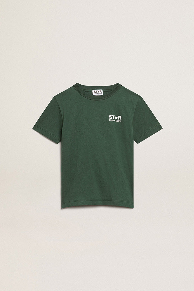 Boys' green T-shirt with contrasting white logo and star| Golden Goose