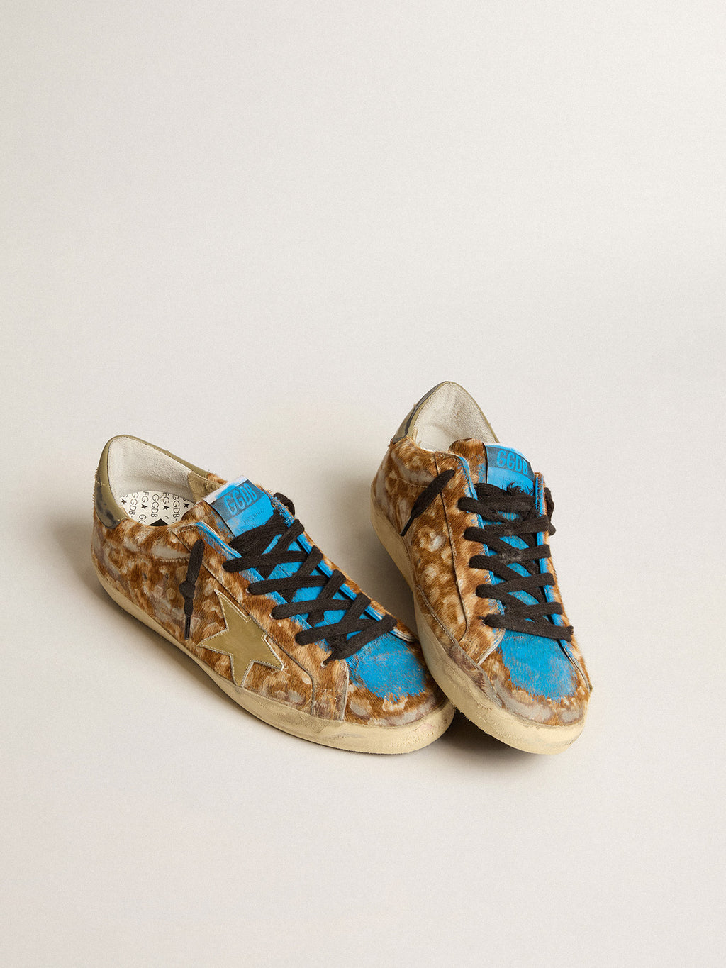 Women's Super-Star LAB in leopard pony skin with gold star and gray heel tab| Golden Goose