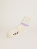 Distressed-finish white socks with lilac and baby blue stripes| Golden Goose