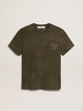 Beech-colored cotton T-shirt with embroidery on the front| Golden Goose