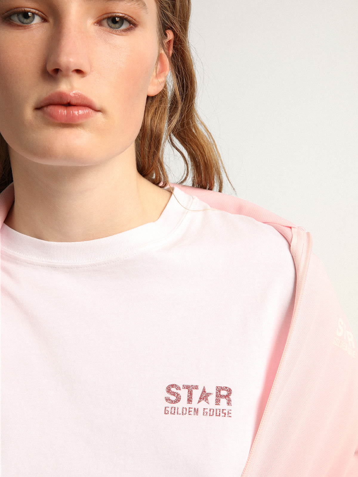 Women's white T-shirt with pink glitter logo and star| Golden Goose