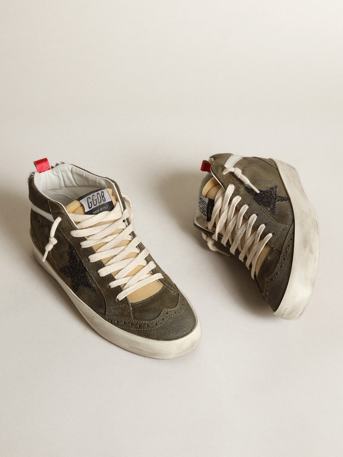 Women's Mid-Star in olive-green suede with black glitter star and pony skin heel tab| Golden Goose
